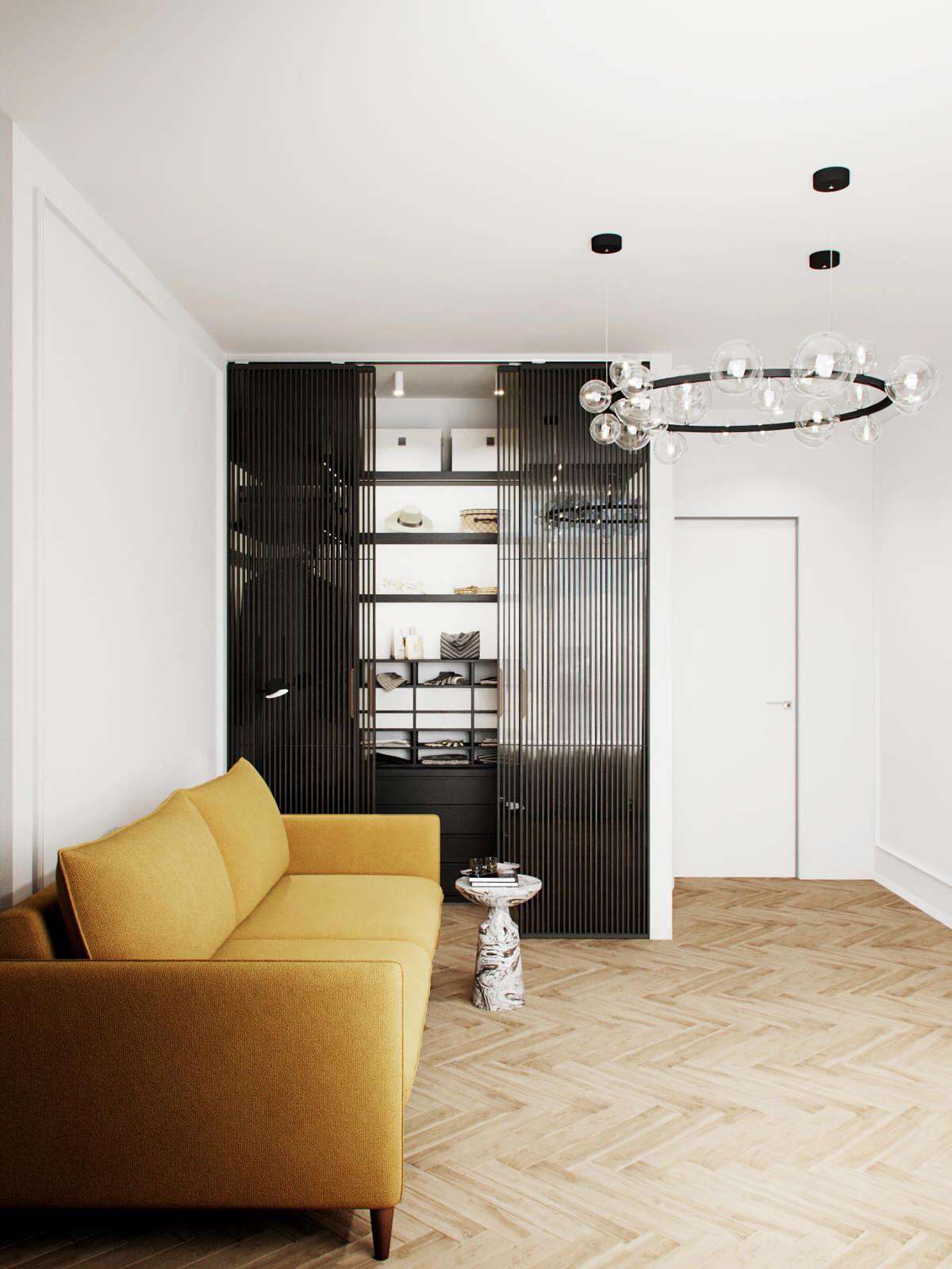 Cовременная квартира, дизайн интерьера в светло-темных тонах в ЖК "Георг Ландрин