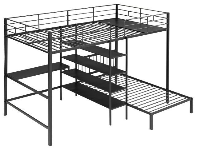 Gewnee Full Over Twin Metal Bunk Bed with Desk and Shelves in Black ...