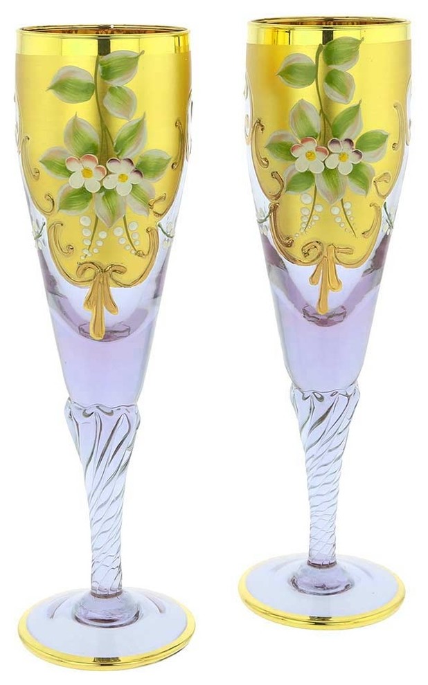 Glassofvenice Set Of Two Murano Glass Champagne Flutes 24k Gold Leaf Lavender Contemporary