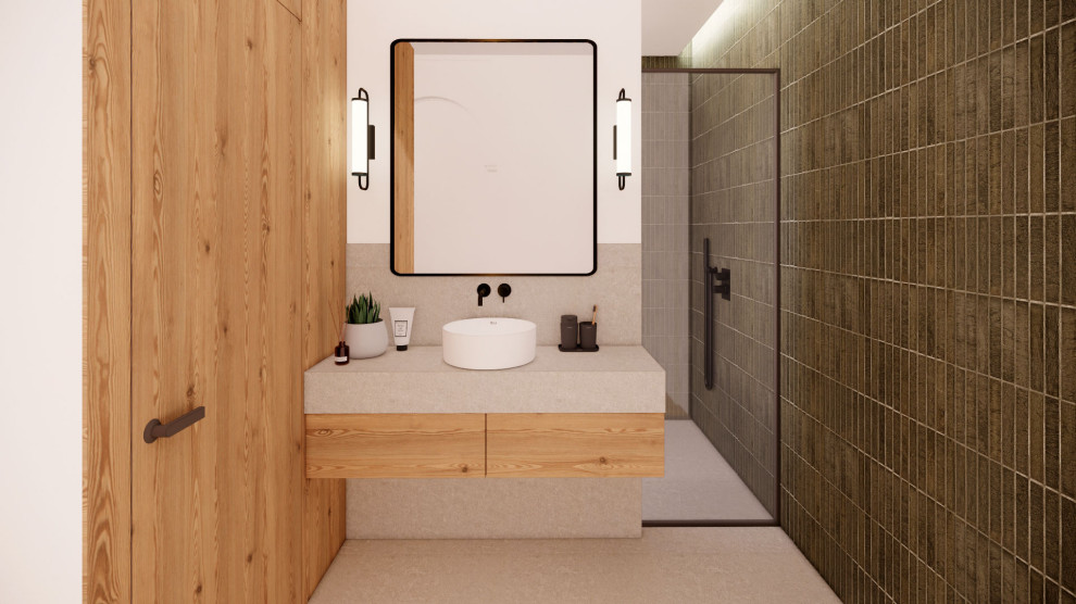 Idées déco pour une salle de bain principale moderne en bois clair avec un placard à porte plane, une douche ouverte, un carrelage vert, des carreaux de céramique, un sol en carrelage de céramique, un lavabo suspendu, un plan de toilette en carrelage, un sol gris, aucune cabine, un plan de toilette gris, des toilettes cachées, meuble simple vasque et meuble-lavabo suspendu.