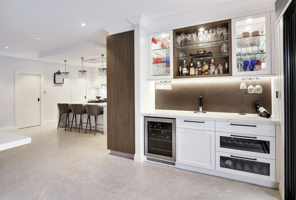 Design ideas for a small modern single-wall wet bar in Sydney with shaker cabinets, white cabinets, quartz benchtops, limestone floors, beige floor, no sink, brown splashback and metal splashback.