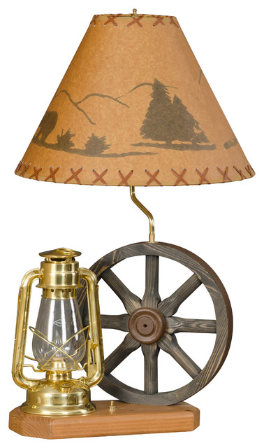 Hickory Log Wagon Wheel And Lantern Table Lamp Rustic Lamps By Furniture Barn Usa Houzz Hickory Log Wagon Wheel And Lantern, Western Lamp Shades For Table Lamps