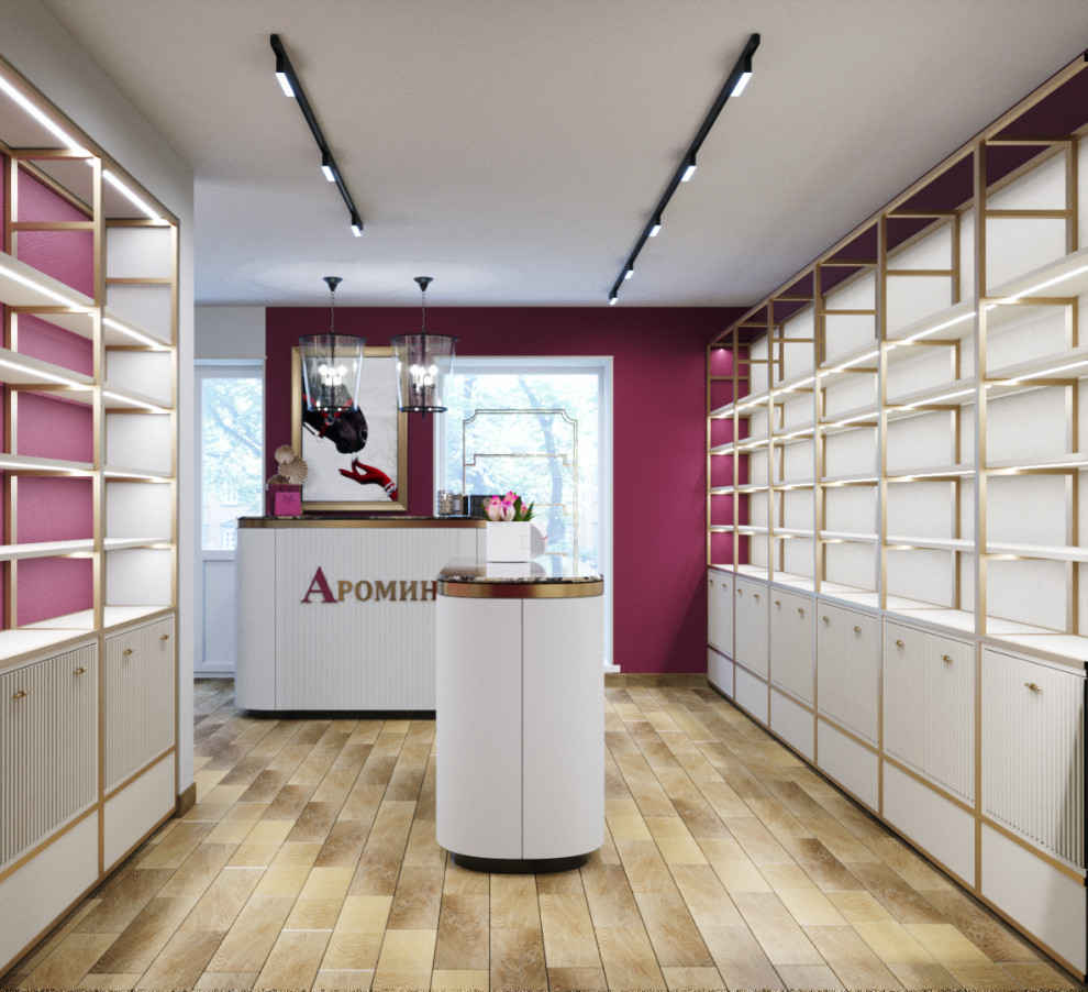 Дизайн интерьера магазина парфюмерии с зоной кафе в аутентичном стиле.