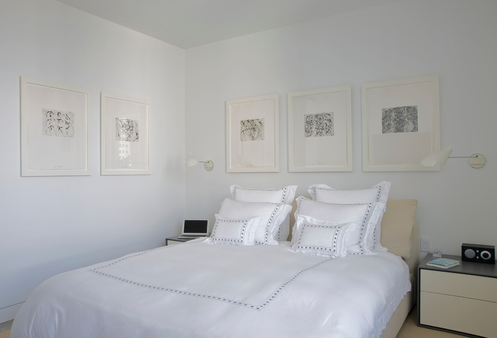 Photo of a small contemporary master bedroom in New York with white walls, porcelain floors and no fireplace.