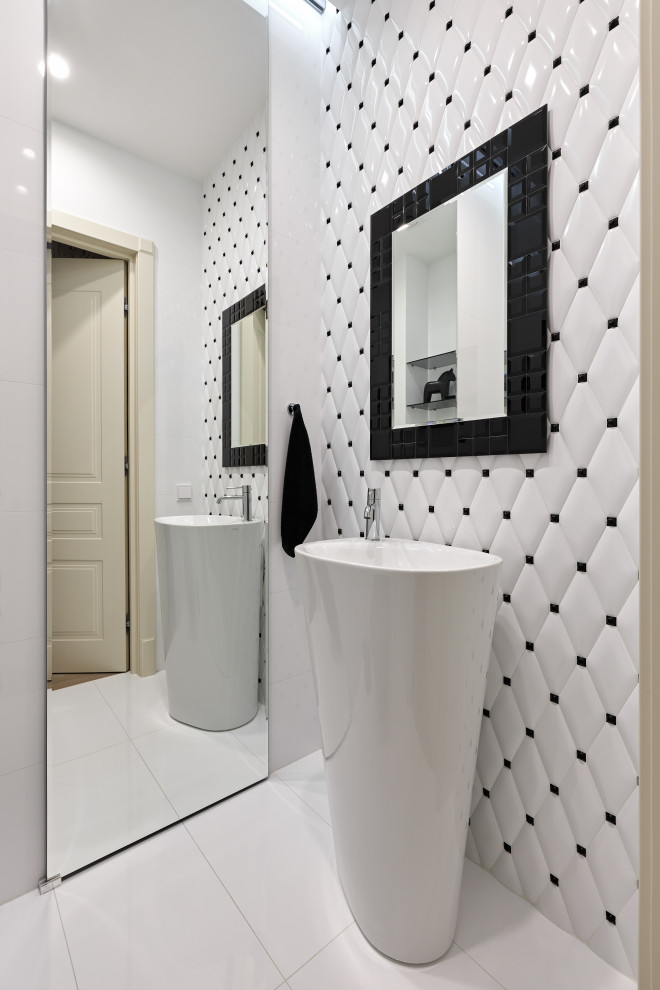 Inspiration for a small transitional white tile and ceramic tile porcelain tile and white floor powder room remodel in Saint Petersburg with open cabinets, black cabinets, a wall-mount toilet, white walls, a console sink, quartzite countertops, white countertops and a freestanding vanity