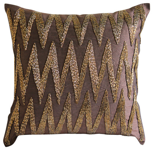 3D Beaded Zigzag Brown Art Silk Throw Pillow Covers, Gold Zig Zag - Modern  - Decorative Pillows - by The HomeCentric | Houzz
