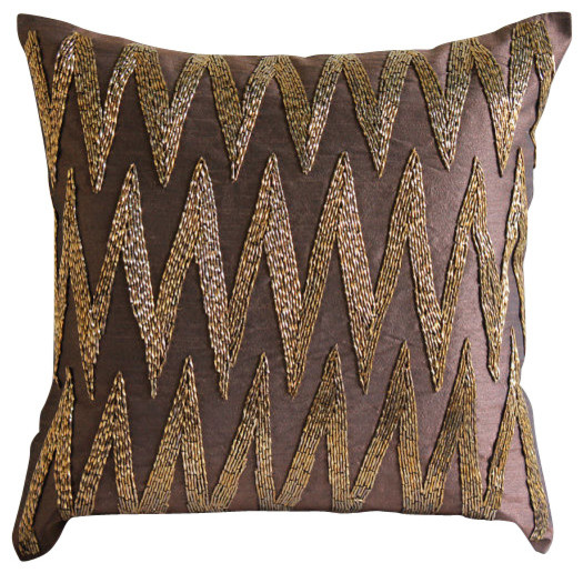 3d Beaded Zigzag Brown Art Silk Throw Pillow Covers Gold Zig Zag