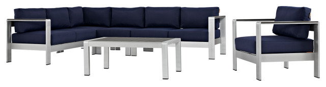 Shore 6-Piece Outdoor Aluminum Sectional Sofa Set, Silver Navy