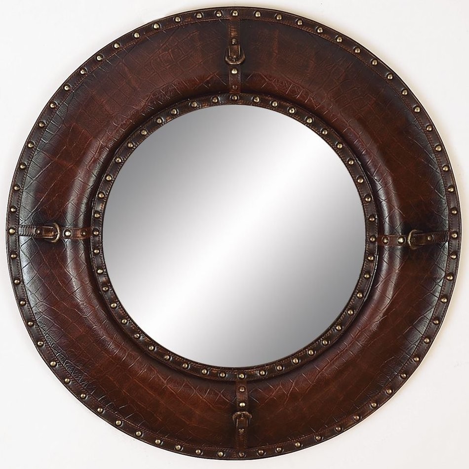 Leather Mirror with Leather Finish and Brass Metallic Rivets