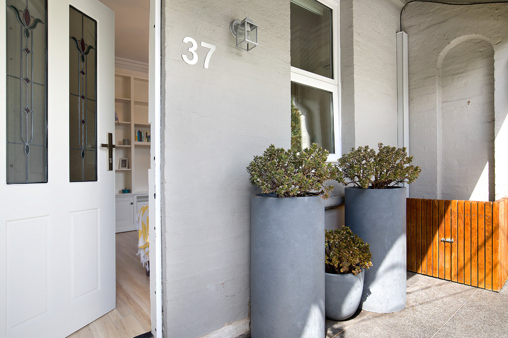 Contemporary front door in Sydney with white walls, a single front door and a white front door.