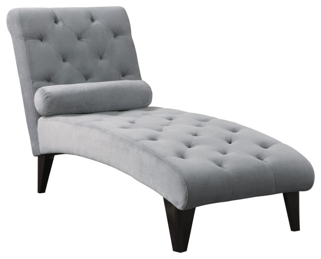 Tufted Chaise with Small Bolster Pillow, Gray Transitional Indoor