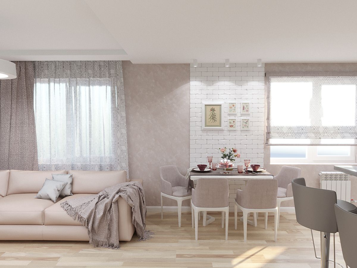 Кухня-гостиная в пудровых тонах