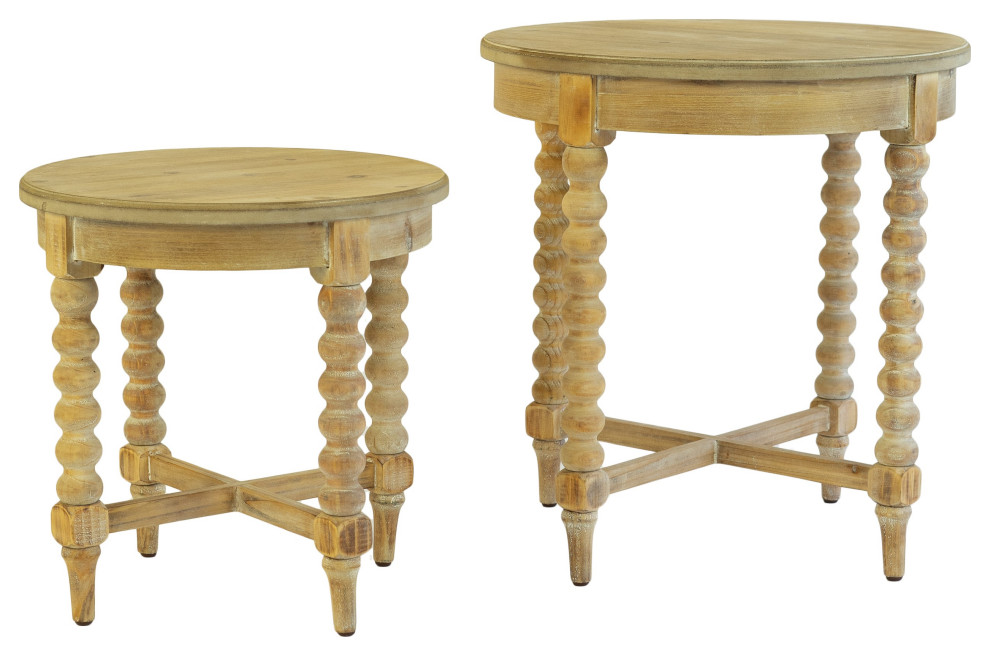 Farmhouse Natural Wood Round Side Table 2Piece Set Farmhouse Side