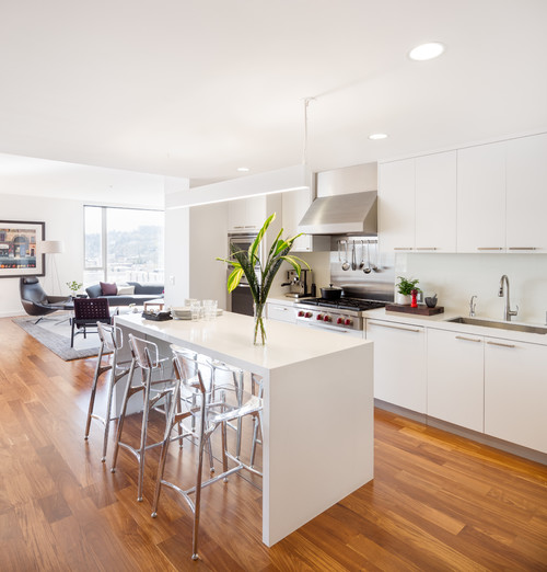 Bright open-plan apartment with sleek white kitchen cabinet wall, minimalist island, and wood floors.
