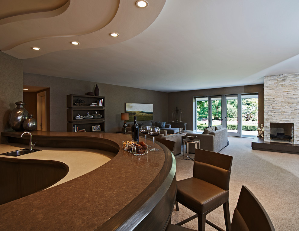 Inspiration for a large transitional walk-out carpeted basement remodel in Toronto with beige walls, a standard fireplace and a stone fireplace