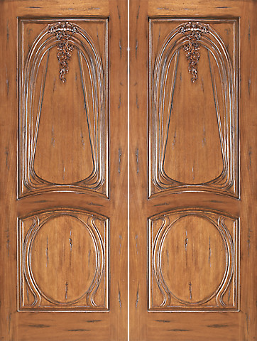 AN-2013-2 Mahogany Hand Carved 2-Panel Art Nouveau Double Door