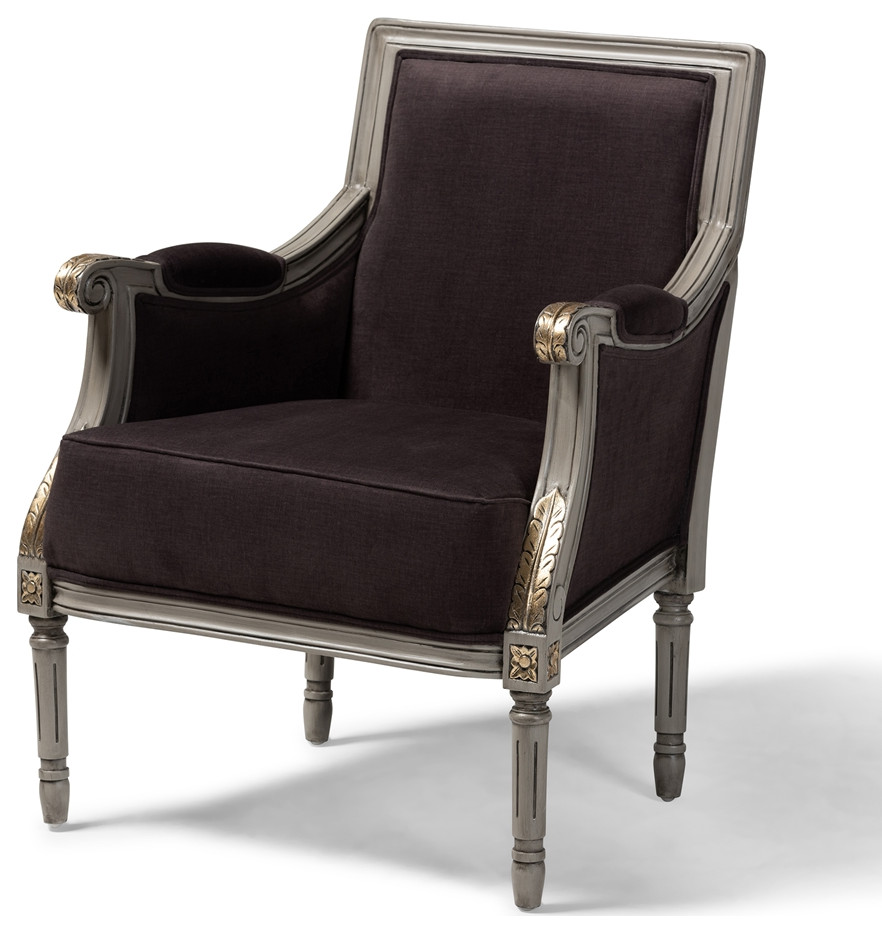 Classic French Inspired Brown Velvet Upholstered Grey Finished Armchair