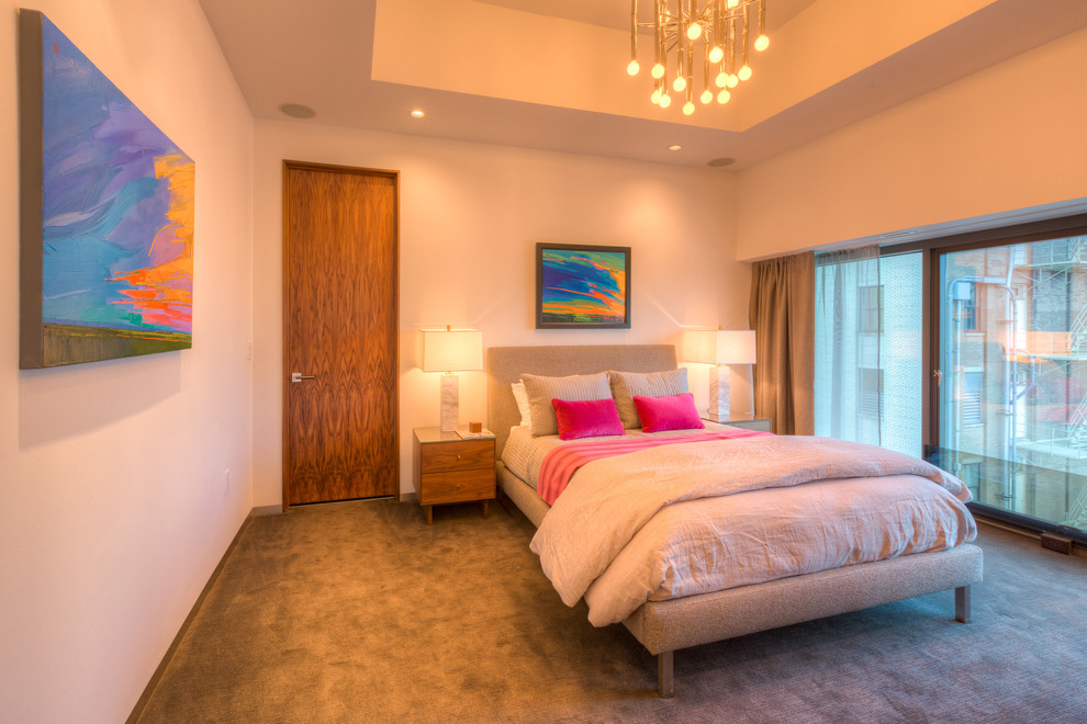 Expansive modern guest bedroom in Kansas City with white walls and carpet.