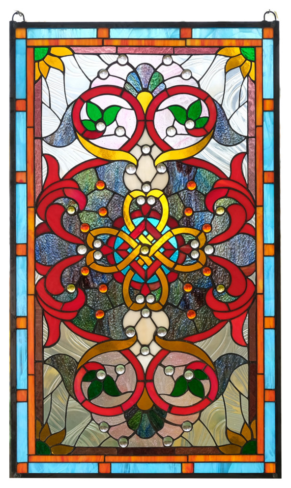 20.5"W x 34.75"H Handcrafted Jeweled stained glass window panel.