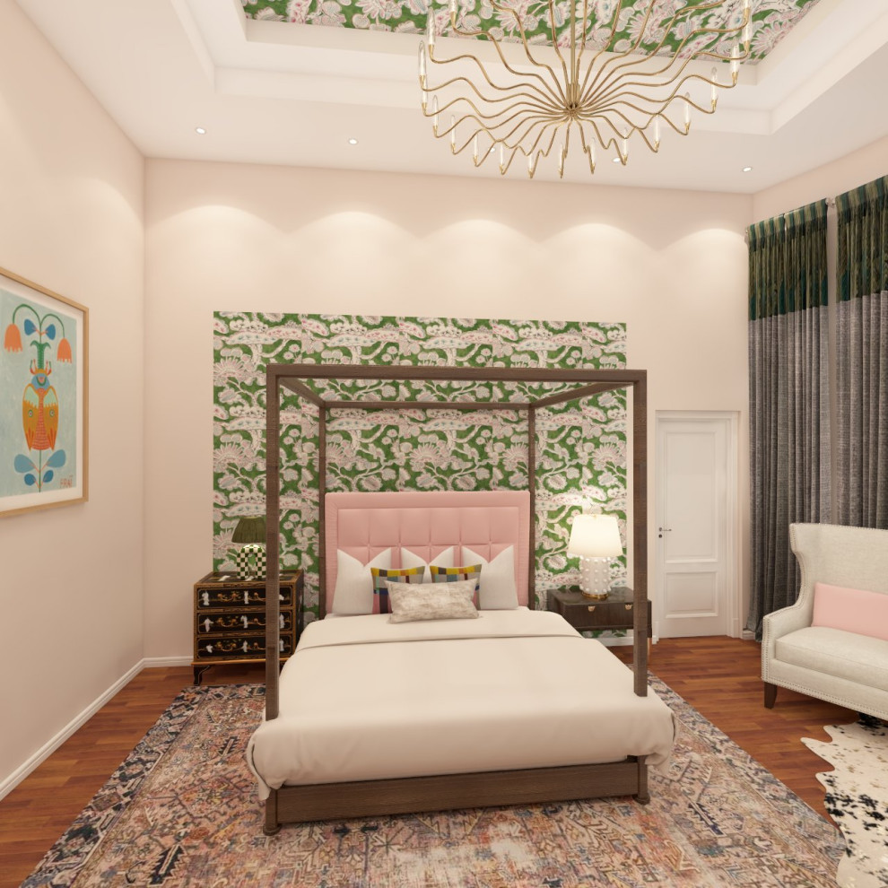 Inspiration pour une grande chambre parentale bohème avec un mur vert, parquet foncé, un sol marron, un plafond voûté et du lambris.