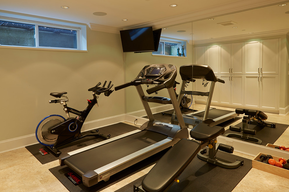 Inspiration for a small traditional home gym in Vancouver with beige walls, linoleum floors and beige floor.