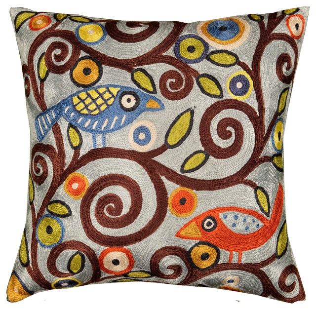 Klimt Tree Of Life Birds Blue Throw Pillow Cover Handmade Art Silk 18x18"
