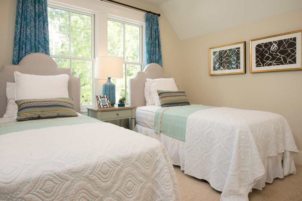 Beach style carpeted bedroom photo in Atlanta with beige walls