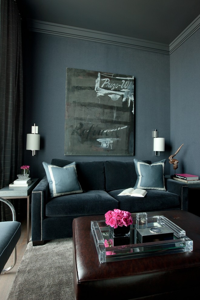 This is an example of a transitional living room in Chicago with blue walls.