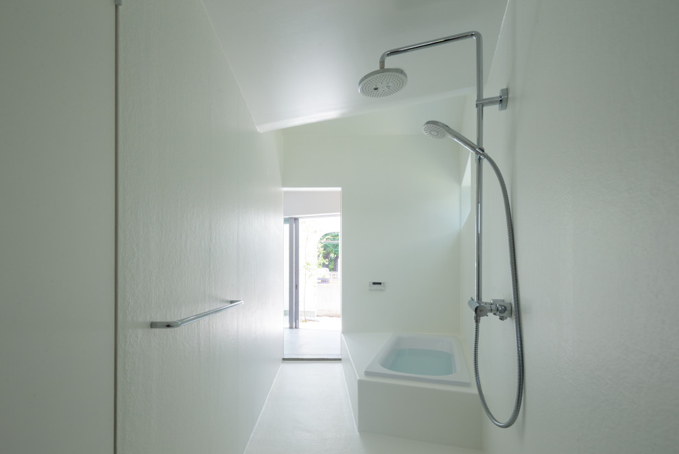 Design ideas for a medium sized modern ensuite bathroom in Tokyo Suburbs with white walls, tongue and groove walls, open cabinets, medium wood cabinets, a built-in bath, a walk-in shower, a two-piece toilet, yellow tiles, mosaic tiles, concrete flooring, a vessel sink, wooden worktops, white floors, a sliding door, brown worktops, a single sink, a built in vanity unit and a timber clad ceiling.
