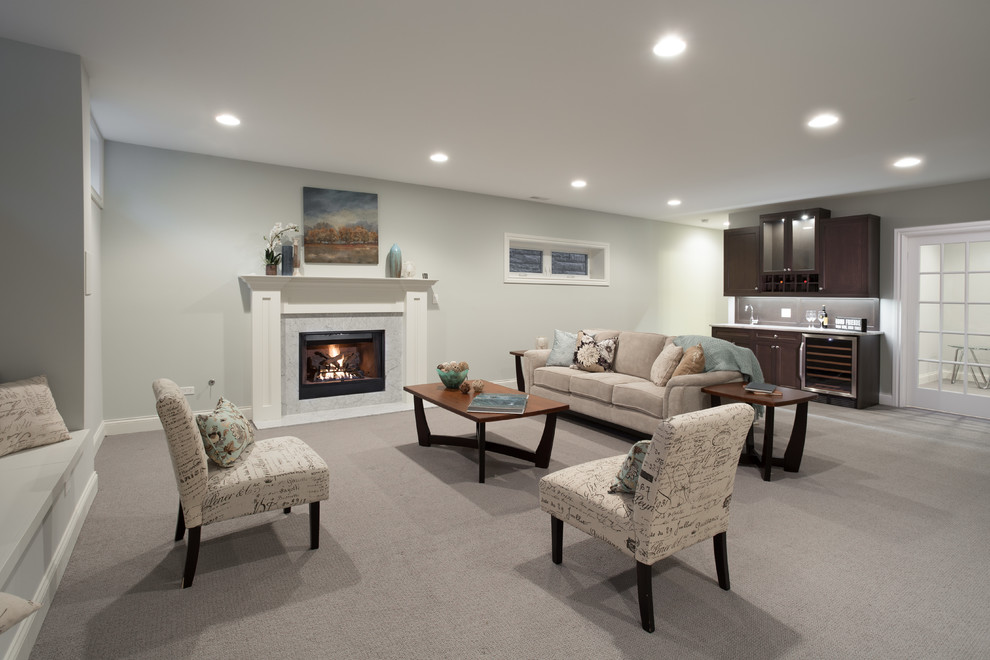 Transitional basement in Chicago with carpet, a standard fireplace and white walls.