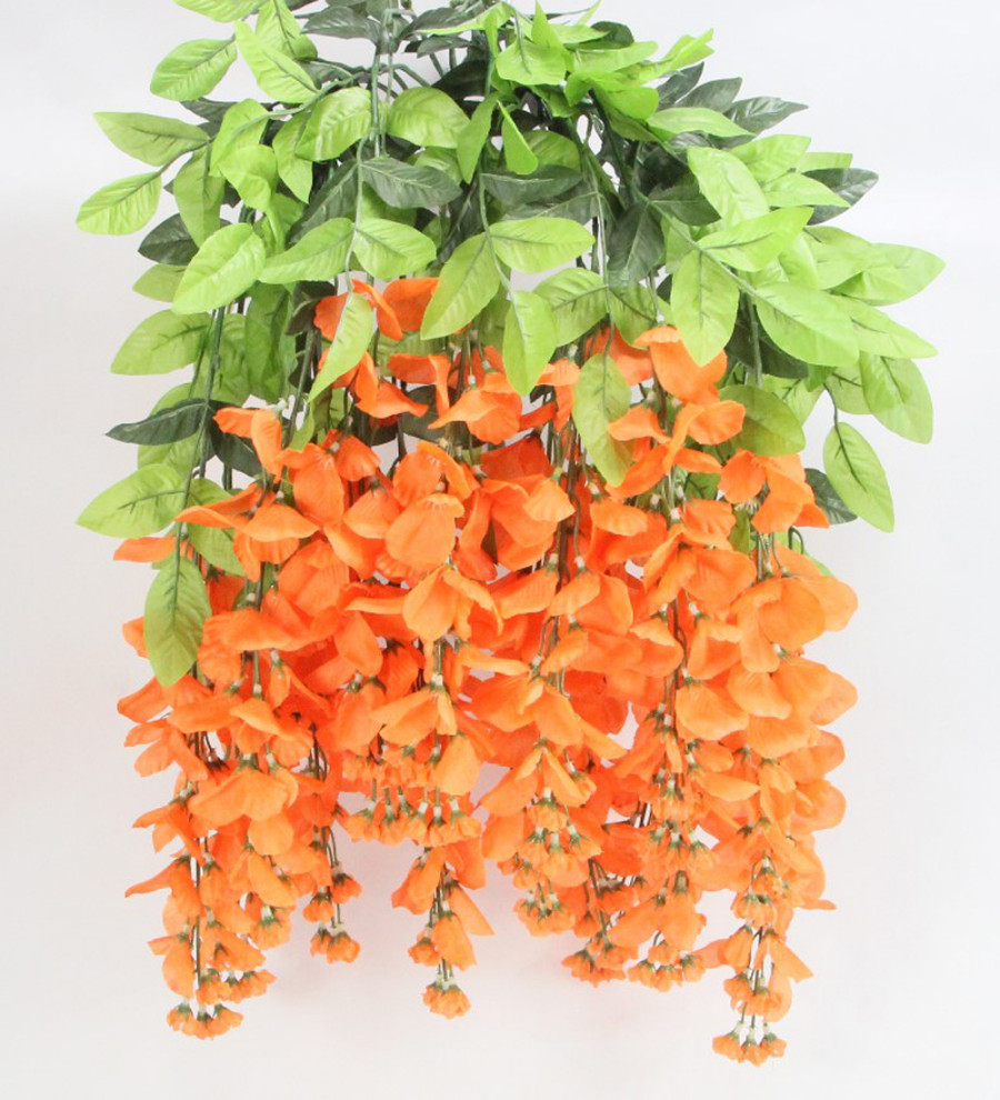 Artificial Wisteria Long Hanging Bush Flowers, 15 Stems, Orange Contemporary Artificial