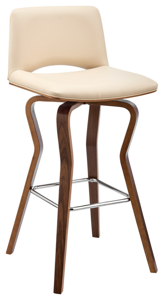Gerty Swivel Faux Leather and Wood Stool, Cream and Walnut, Bar Height