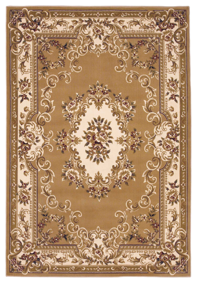 5'x8' Beige Ivory Machine Woven Hand Carved Floral Medallion Indoor Area Rug