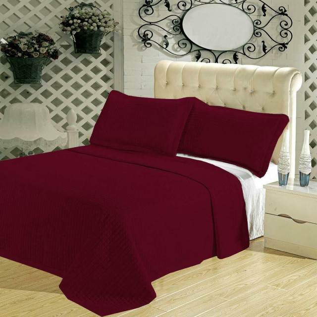 Wrinkle-Free Checkered Quilted Coverlet Set, Burgundy, King/Cal King