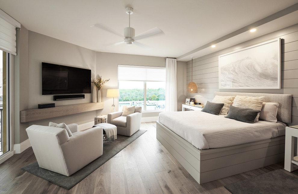他の地域にあるビーチスタイルのおしゃれな主寝室 (グレーの壁、濃色無垢フローリング、茶色い床、塗装板張りの壁、白い天井) のインテリア