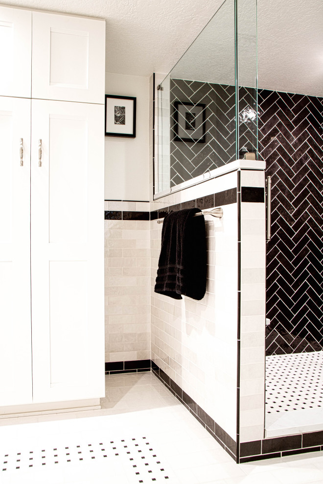 Inspiration for a large arts and crafts master bathroom in Orlando with shaker cabinets, an alcove shower, black and white tile, porcelain tile, white walls, porcelain floors, white floor, a hinged shower door, white benchtops, a shower seat and a built-in vanity.