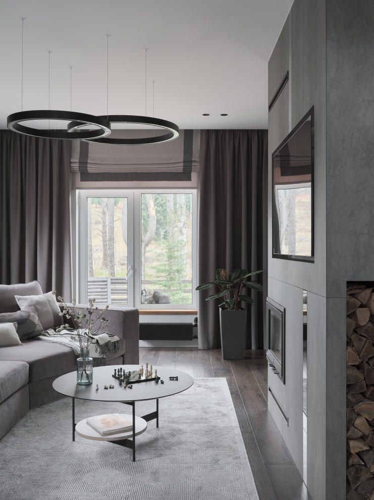 Example of a large trendy formal and open concept porcelain tile and brown floor living room design in Saint Petersburg with gray walls, a corner fireplace, a stone fireplace and a wall-mounted tv