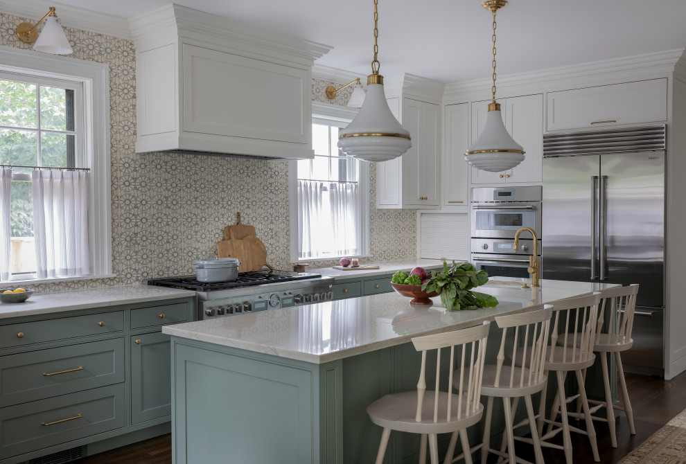Large elegant u-shaped dark wood floor eat-in kitchen photo in Boston with an undermount sink, shaker cabinets, green cabinets, marble countertops, gray backsplash, ceramic backsplash, stainless steel appliances, an island and white countertops