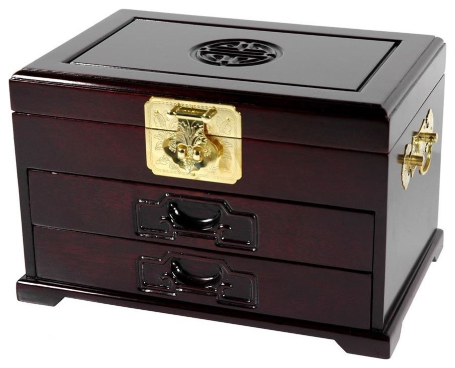 Rosewood Oriental Jewelry Box With 2 Drawers, Dark Rosewood