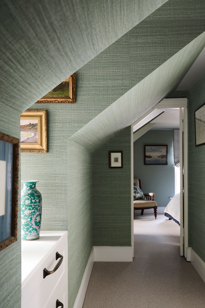 Inspiration for a large eclectic hallway in Sydney with green walls, carpet and grey floor.