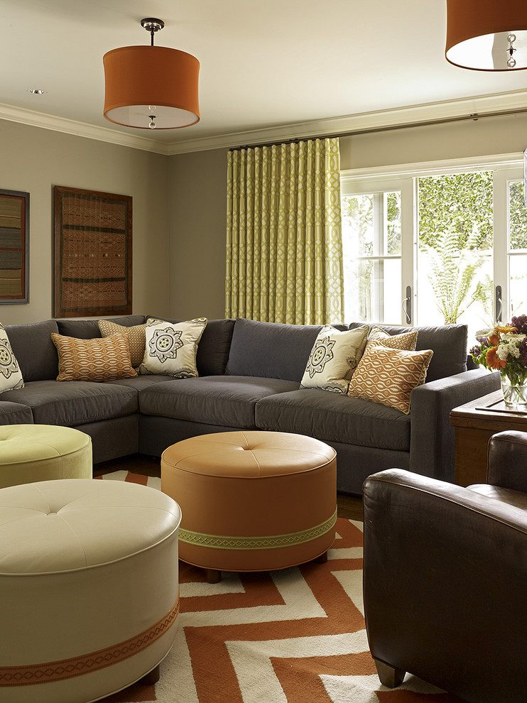 Transitional family room in San Francisco with grey walls.