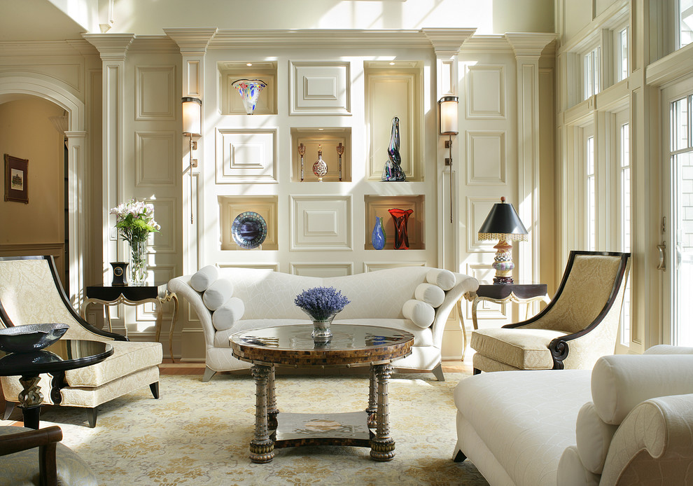 This is an example of a transitional formal enclosed living room in New York with white walls.