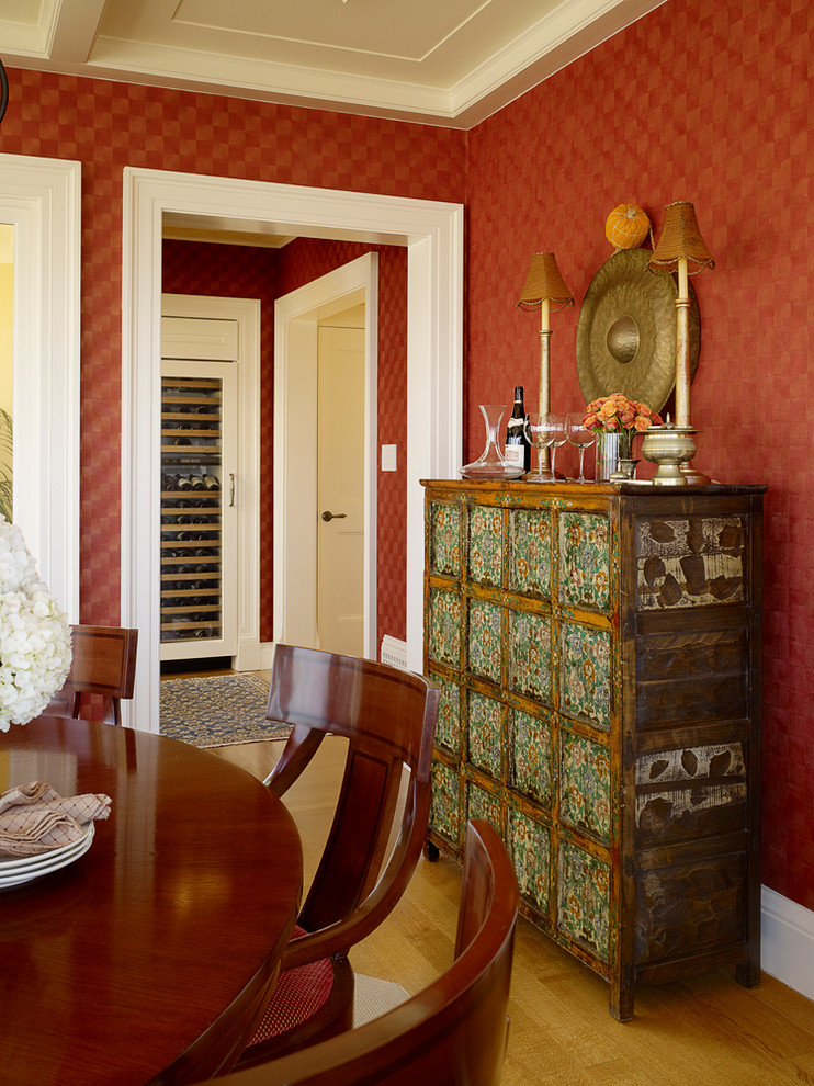 This is an example of a mid-sized traditional separate dining room in San Francisco with brown walls and light hardwood floors.