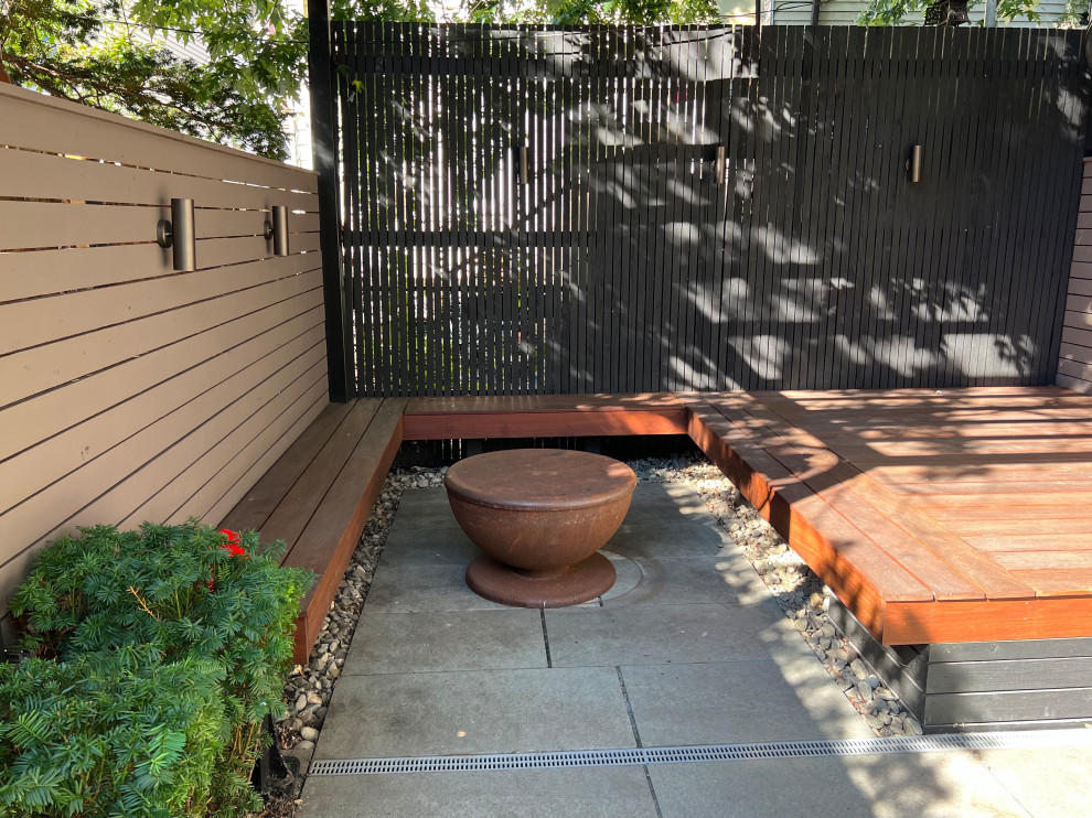 Modelo de terraza planta baja moderna pequeña en patio trasero con cocina exterior y pérgola