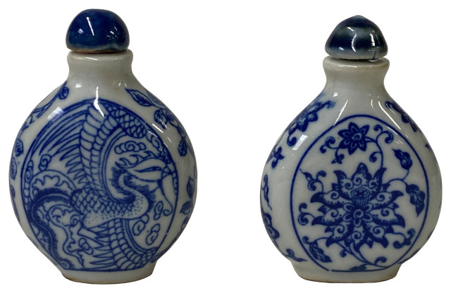 2 Piece Chinese Porcelain Snuff Bottle Blue White Flower Phoenix ...