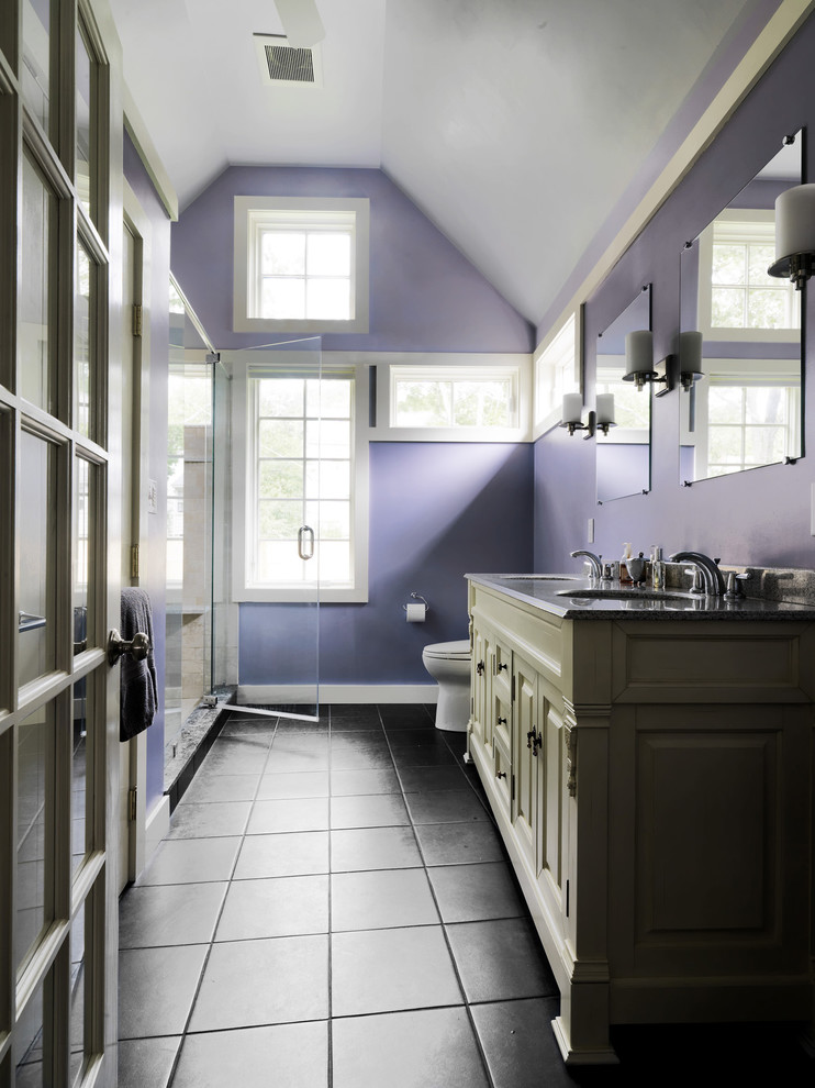Inspiration for a traditional bathroom in Boston with raised-panel cabinets, green cabinets, an alcove shower and purple walls.