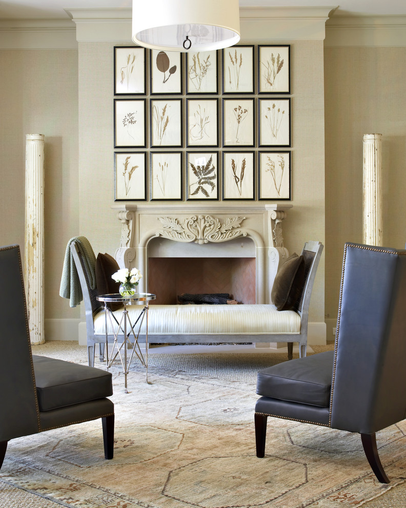Inspiration for a mid-sized timeless formal carpeted living room remodel in Houston with beige walls and a standard fireplace