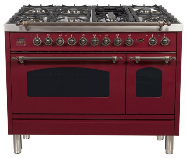 ILVE Nostalgie 48" NG Metal Double Oven Dual Fuel Range in Burgundy