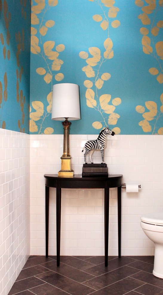 Transitional bathroom photo with wood countertops and blue walls