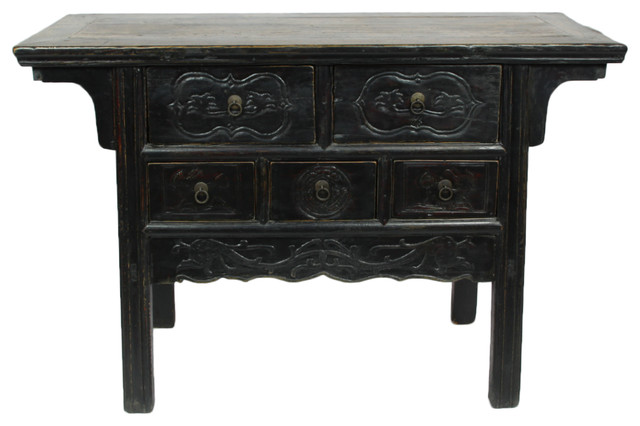 Consigned 5 Drawer Antique Gangsu Carved Cabinet, Black Consigned 5 Drawer Antique Gangsu Carved Cabinet, Black - Consigned 5 Drawer Antique Gangsu Carved Cabinet, Black